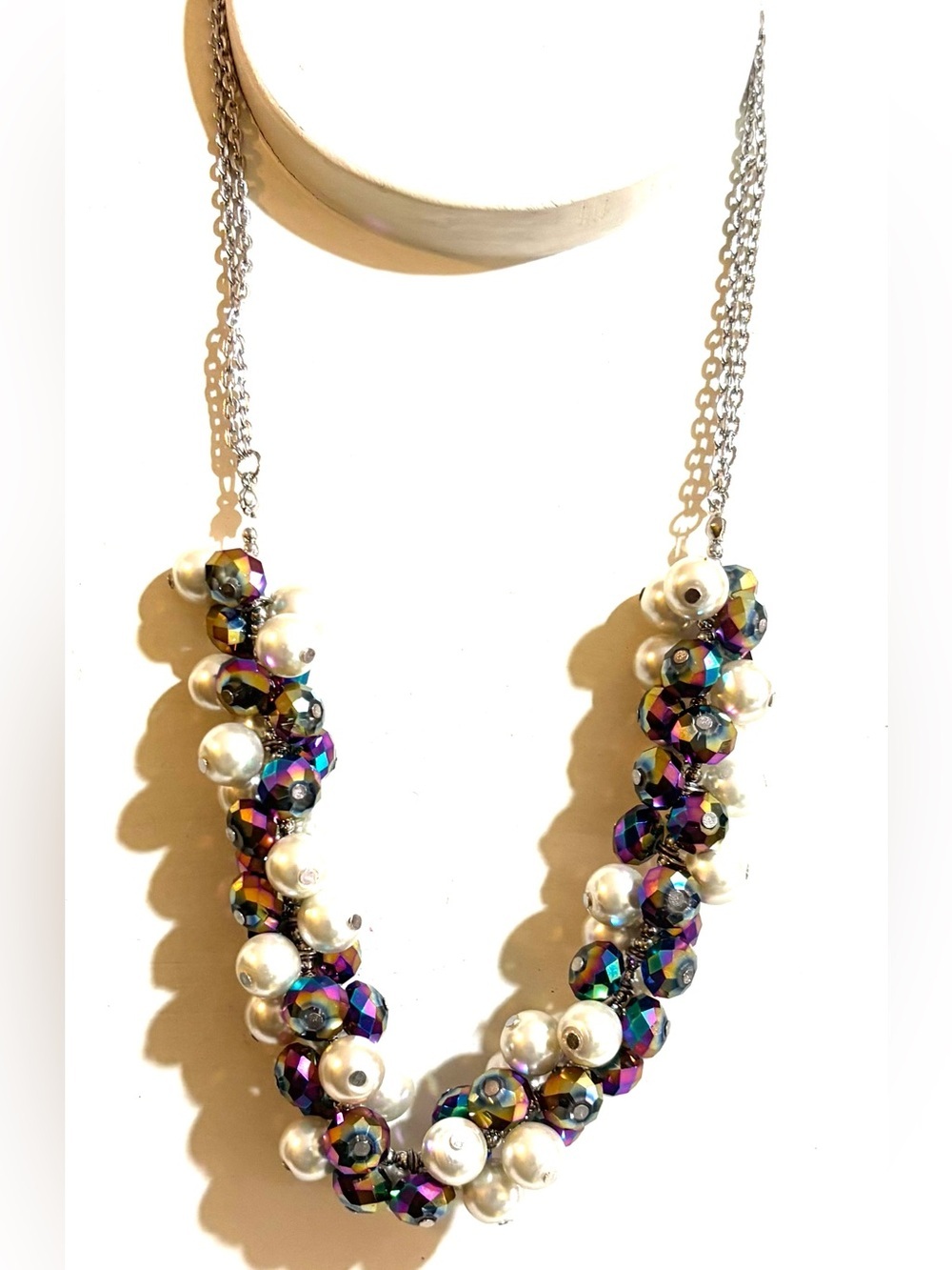 Vintage Multicolor Aurora Crystal & White Pearl Statement Necklace